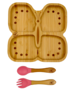 Πιάτο Φαγητού από Bamboo με Κουτάλι/Πιρούνι – Πεταλούδα Ροζ