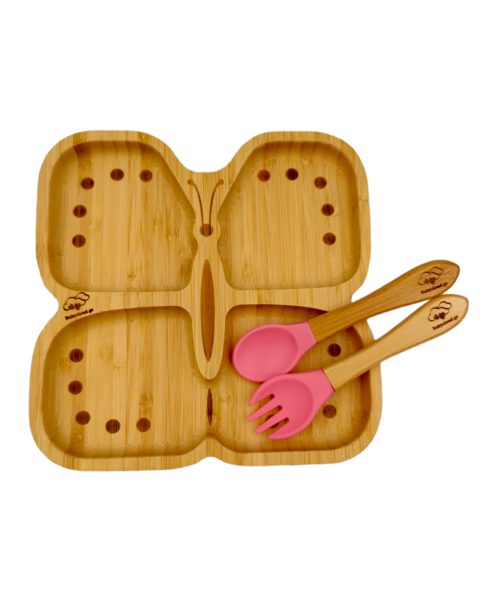 Πιάτο Φαγητού από Bamboo με Κουτάλι/Πιρούνι – Πεταλούδα Ροζ - Image 2